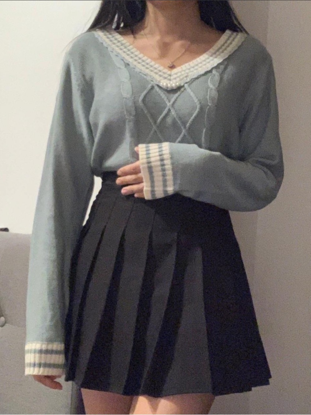 Axes Femme V-Neck Academia Cable Knit Women's Sweater in Blue with Striped Trim
